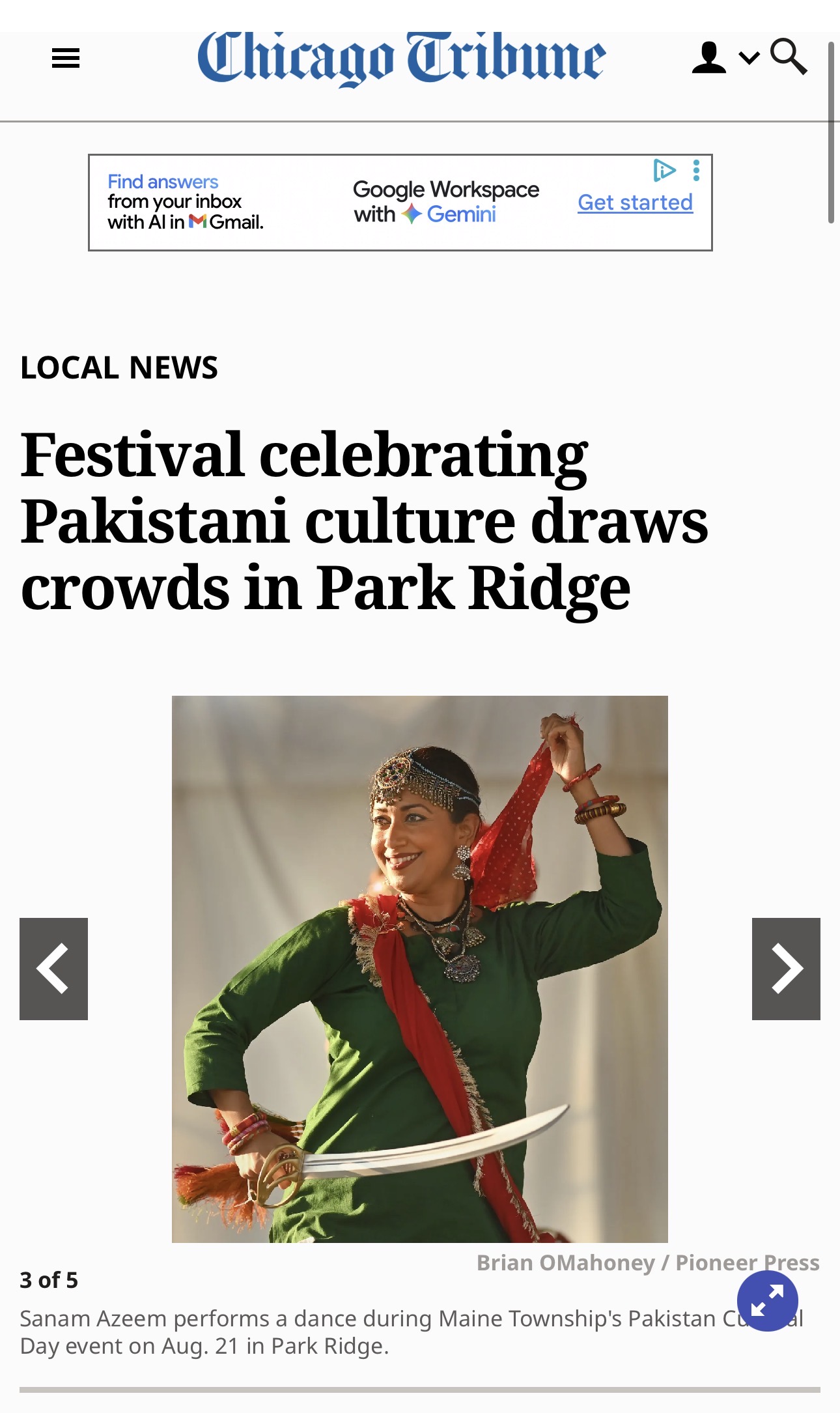 Chicago Tribune article showing Sanam Azeem performing