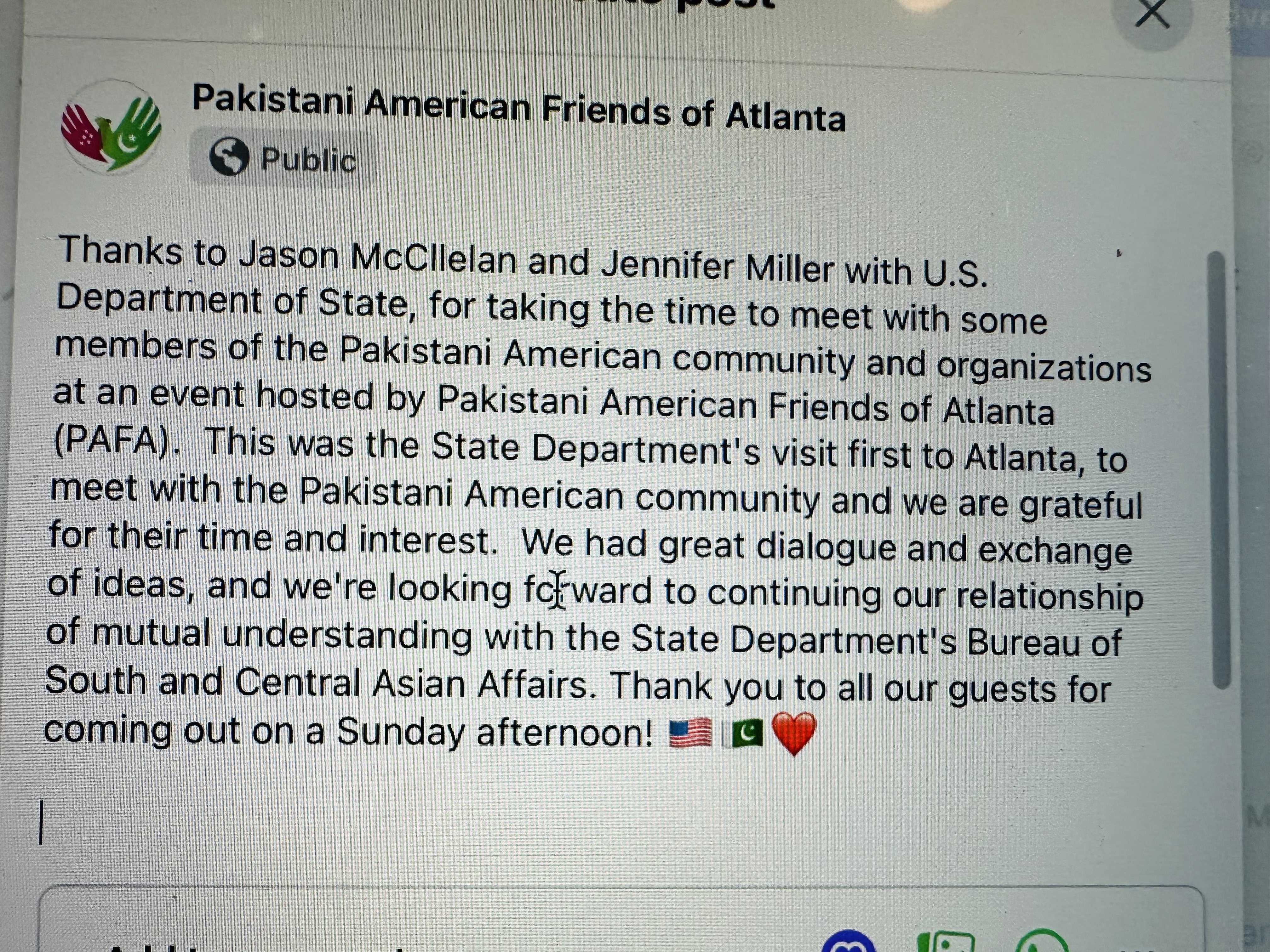PAFA State Department meeting Facebook post