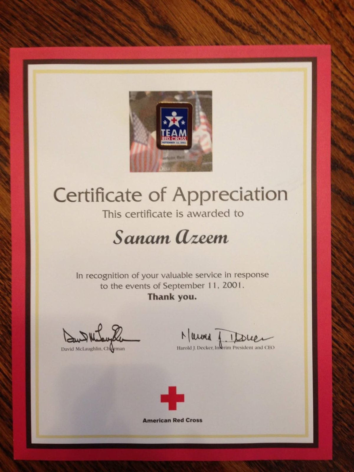American Red Cross Certificate of Appreciation — September 11, 2001 volunteer service